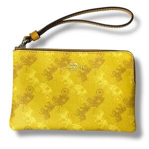 Coach Corner Zip Wristlet Horse and Carriage All Over Logo Print Yellow Gold